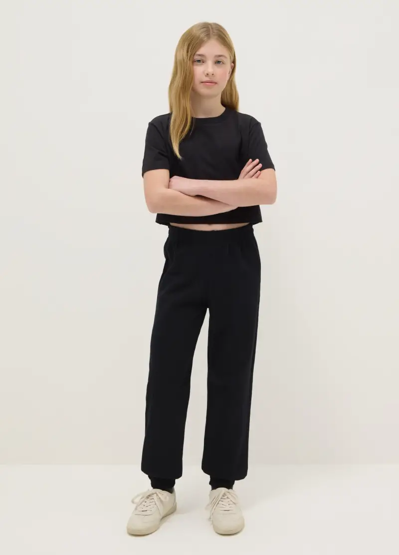Pantaloni Jogger In Puro Cotone Nero Da Ragazza Regular Fit, Bambina, Nero