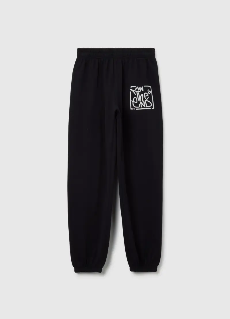 Pantaloni Jogger Neri Da Ragazza In Puro Cotone Con Stampa, Bambina, Nero