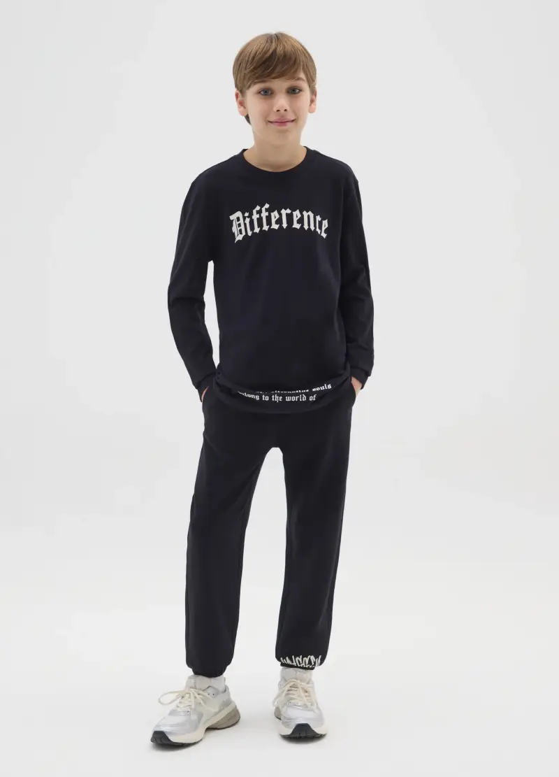 Pantaloni Jogger Neri Da Ragazzo In Puro Cotone Regular Fit, Bambino, Nero