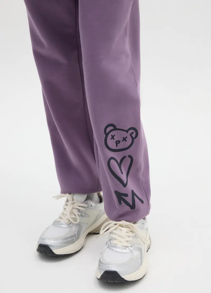 Pantaloni Jogger Viola Da Ragazza In Puro Cotone Con Stampa, Bambina, Viola miniatura 3
