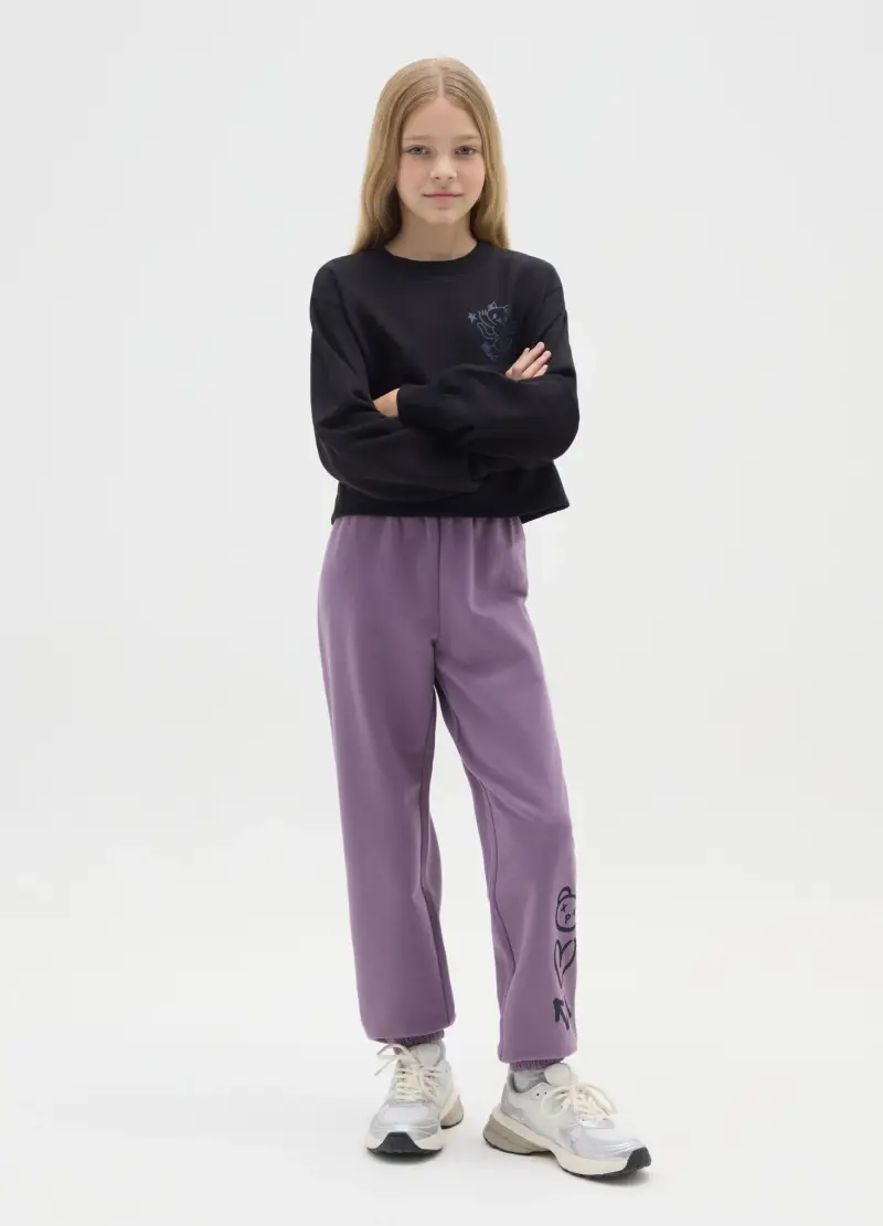 Pantaloni Jogger Viola Da Ragazza In Puro Cotone Con Stampa, Bambina, Viola