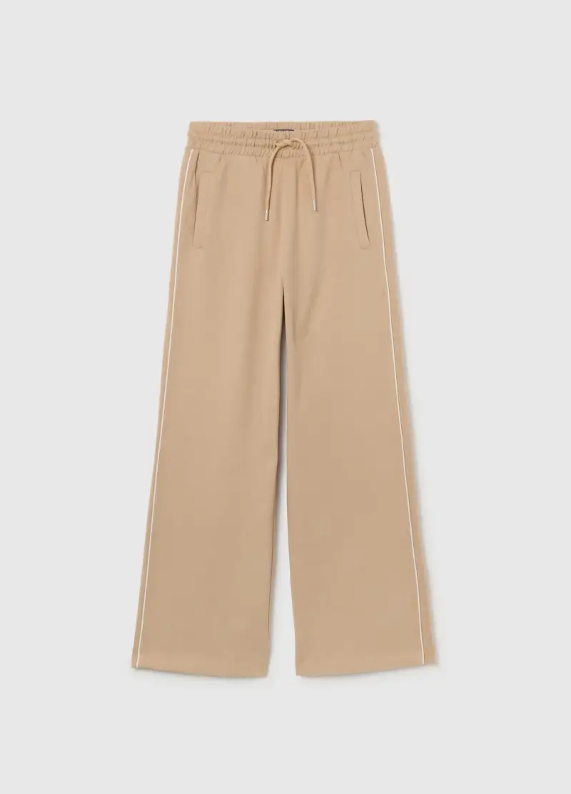 Pantaloni Wide Leg Da Ragazze In Misto Cotone Beige, Bambina, Beige