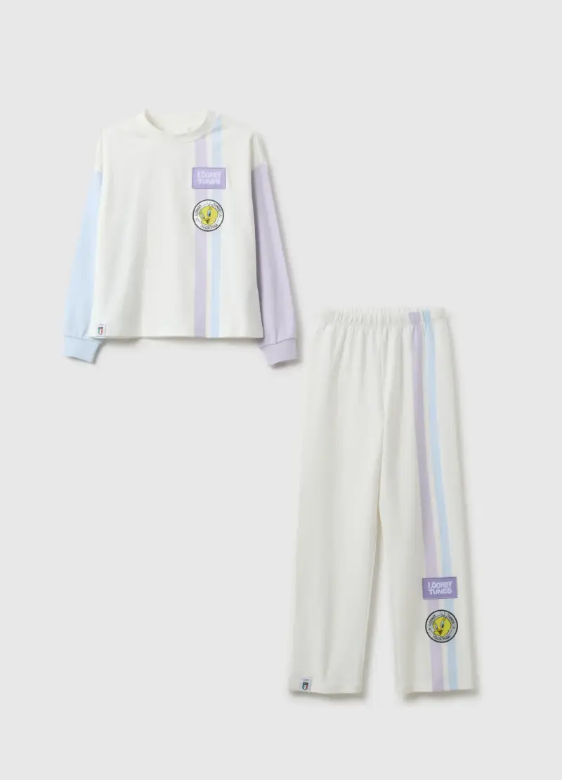 Pigiama Bianco Da Bambina In Puro Cotone Looney Tunes X Italia Team, Multicolor