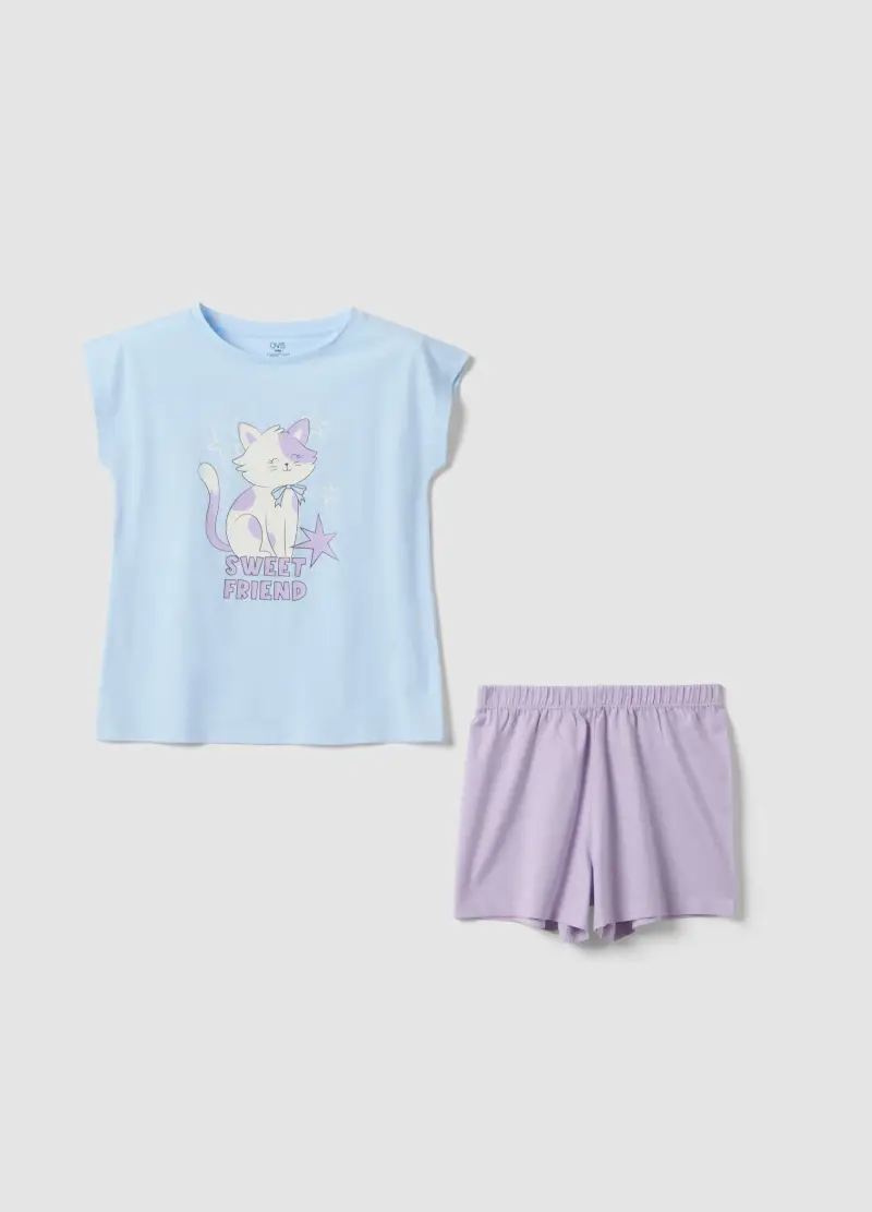 Pigiama Corto In Puro Cotone Multicolor Da Bambina Con Stampa, Multicolor