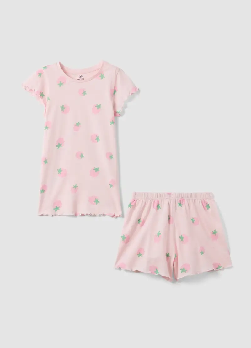 Pigiama Corto In Puro Cotone Rosa Da Bambina Regular Fit Con Fragole, Rosa