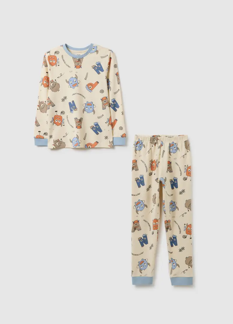 Pigiama Da Bambino In Puro Cotone Beige Regular Fit, Beige