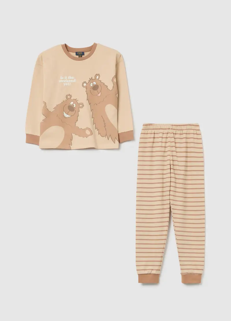 Pigiama Da Bambino In Puro Cotone Beige Regular Fit Con Stampa, Multicolor