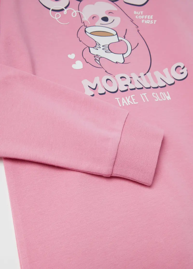 Pigiama In Cotone Bio Con Stampa Bradipo, Bambina, Rosa miniatura 3