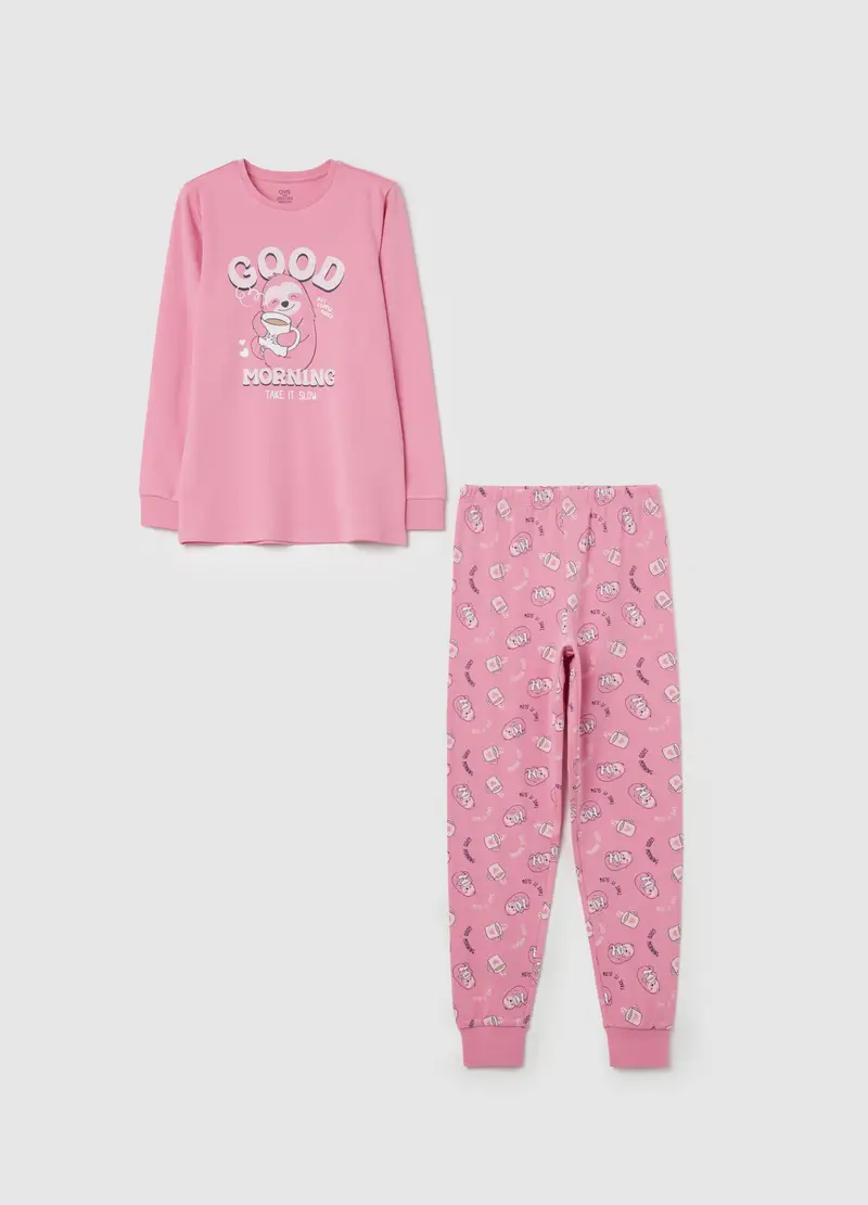 Pigiama In Cotone Bio Con Stampa Bradipo, Bambina, Rosa