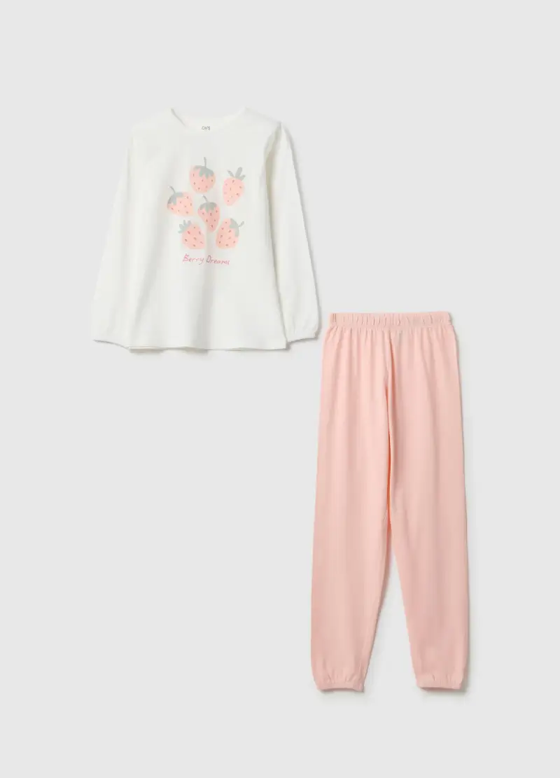 Pigiama In Puro Cotone Multicolor Da Bambina Regular Fit Con Fragole, Multicolor