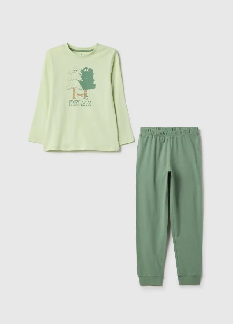 Pigiama In Puro Cotone Verde Da Bambino Regular Fit Con Stampa Albero, Verde