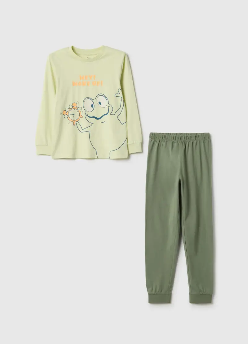 Pigiama In Puro Cotone Verde Da Bambino Regular Fit Con Stampa Ranocchio, Verde
