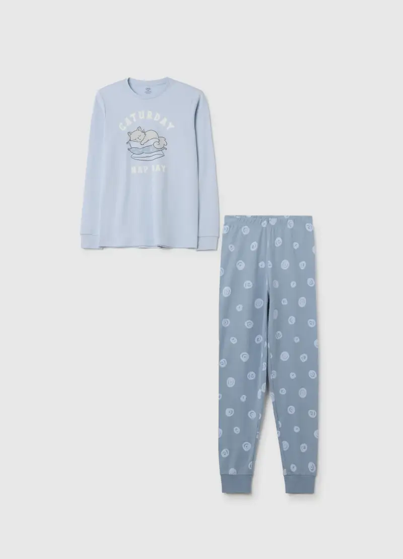 Pigiama Lungo Da Ragazza In Puro Cotone Azzurro Regular Fit, Bambina, Azzurro