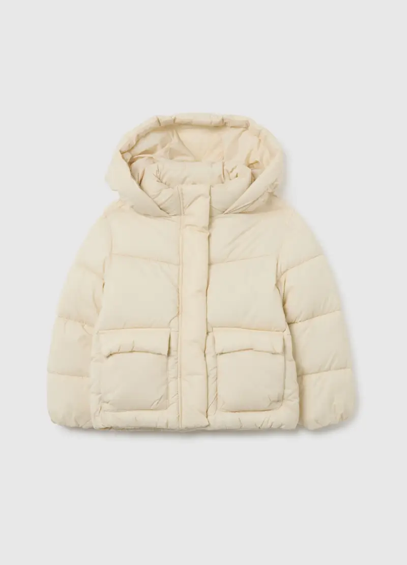 Piumino The Iconic Puffer Bianco Panna Da Bambina Con Cappuccio, Bianco
