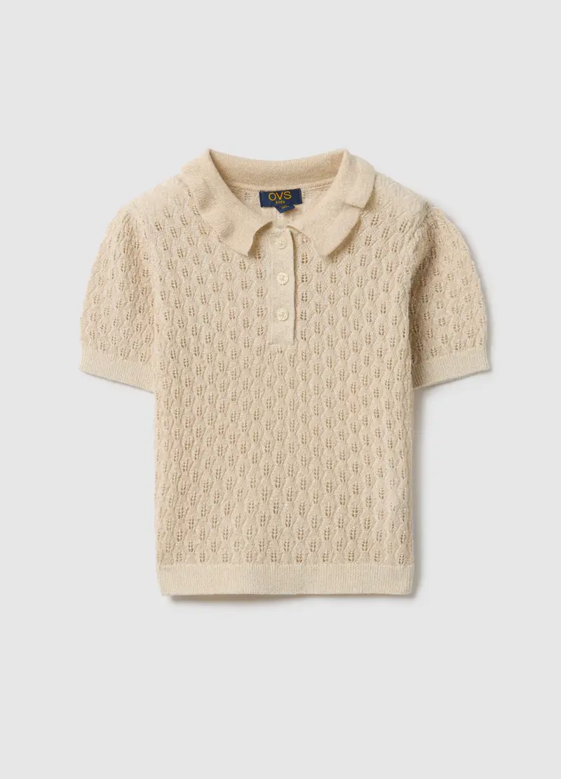 Polo In Misto Cotone Beige Da Bambina Regular Fit Con Motivo Traforato, Beige