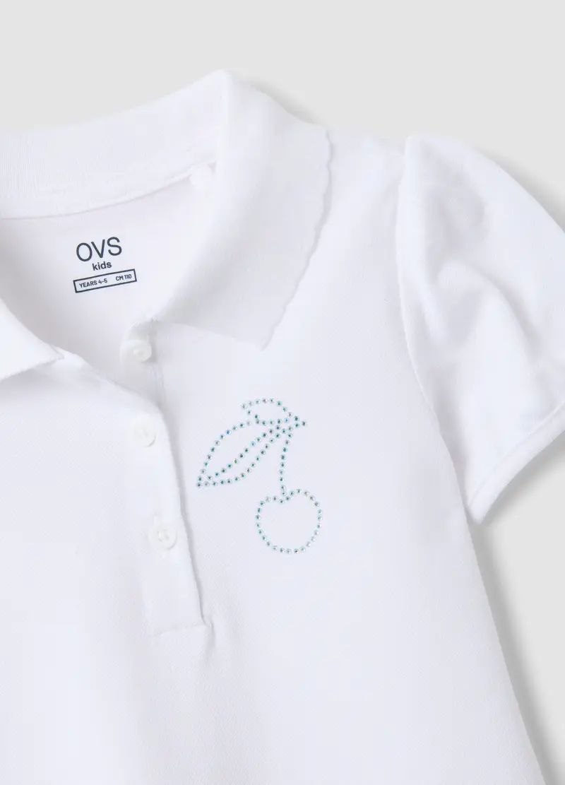 Polo In Puro Cotone Bianca Da Bambina Regular Fit Con Ciliegia, Bianco miniatura 3