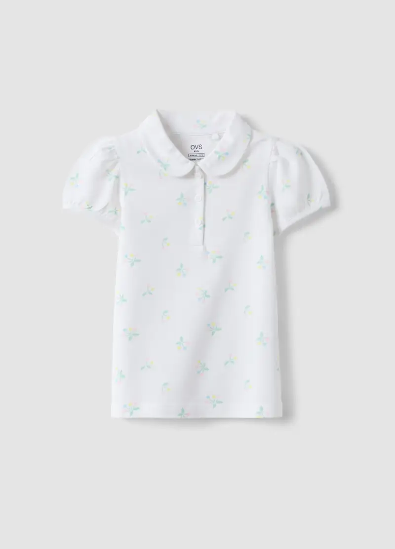 Polo In Puro Cotone Bianca Da Bambina Regular Fit Con Motivo Floreale, Bianco