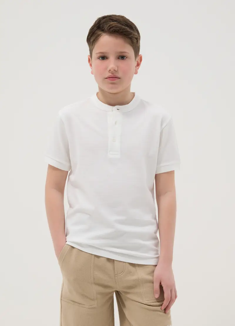Polo In Puro Cotone Bianca Da Ragazzo Regular Fit Con Collo Coreano, Bambino, Bianco