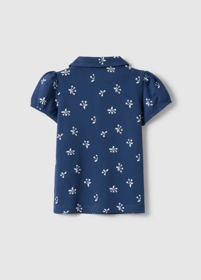 Polo In Puro Cotone Blu Da Bambina Regular Fit Con Motivo Floreale, Blu miniatura 2