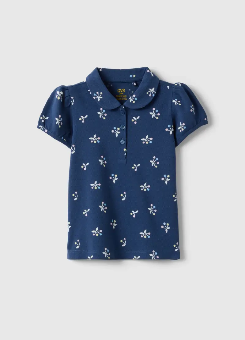 Polo In Puro Cotone Blu Da Bambina Regular Fit Con Motivo Floreale, Blu