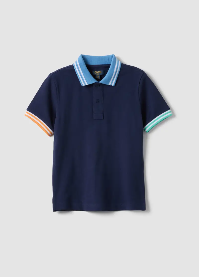 Polo In Puro Cotone Blu Da Bambino Regular Fit Con Bordi Colorati, Blu