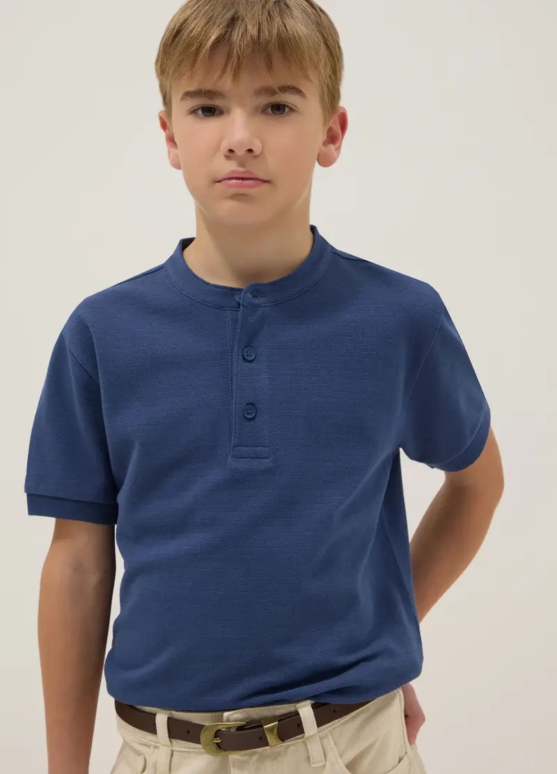 Polo In Puro Cotone Blu Da Ragazzo Regular Fit Con Collo Coreano, Bambino, Blu miniatura 3