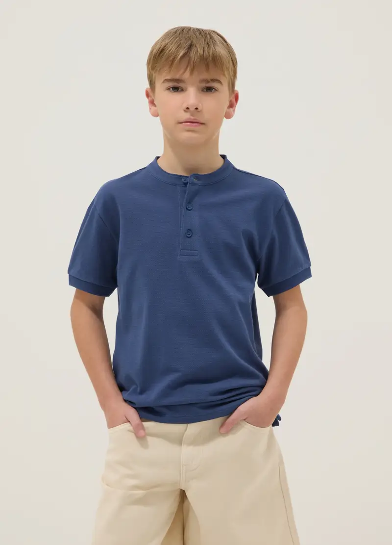 Polo In Puro Cotone Blu Da Ragazzo Regular Fit Con Collo Coreano, Bambino, Blu
