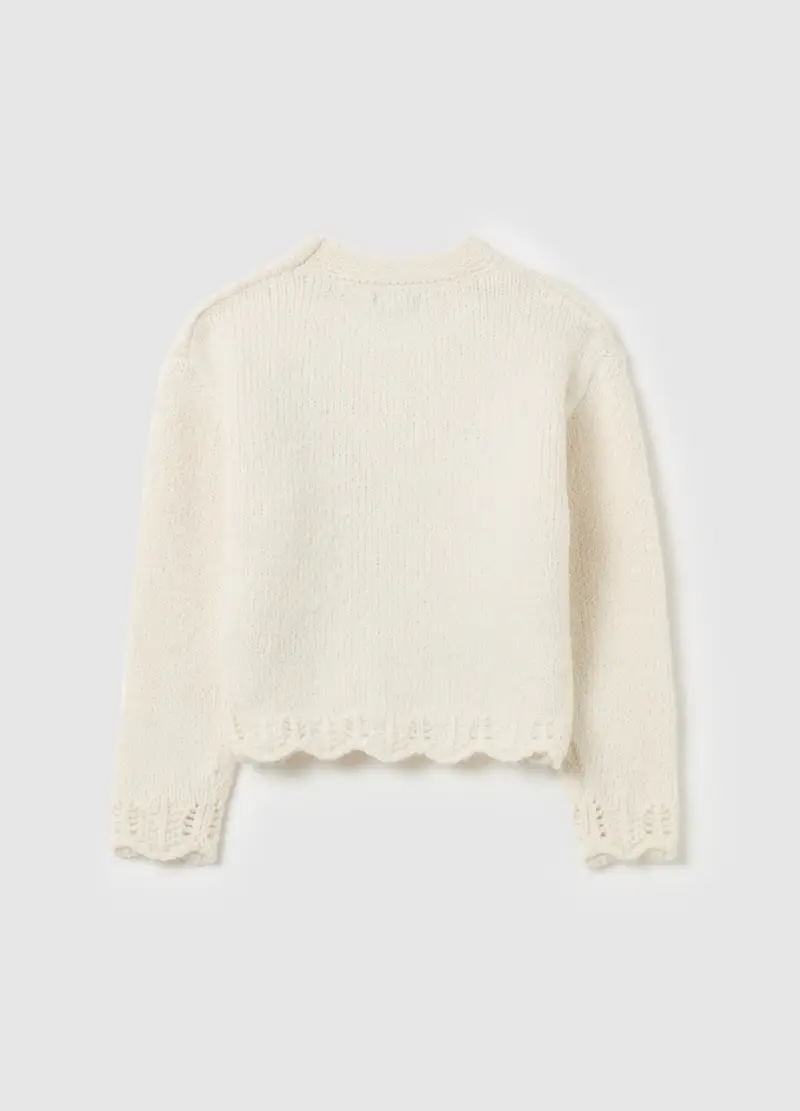 Pullover Con Lavorazione Traforata E Ricamo Fiori, Bambina, Bianco miniatura 2