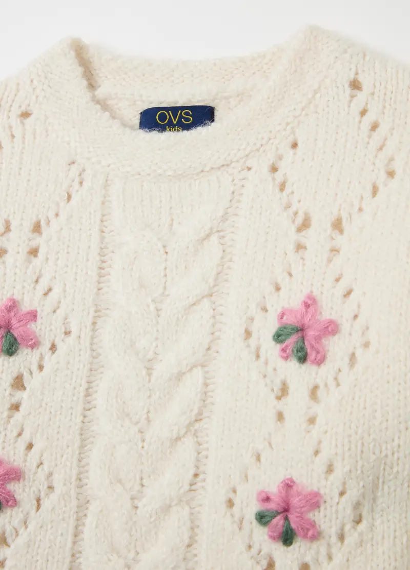 Pullover Con Lavorazione Traforata E Ricamo Fiori, Bambina, Bianco miniatura 3