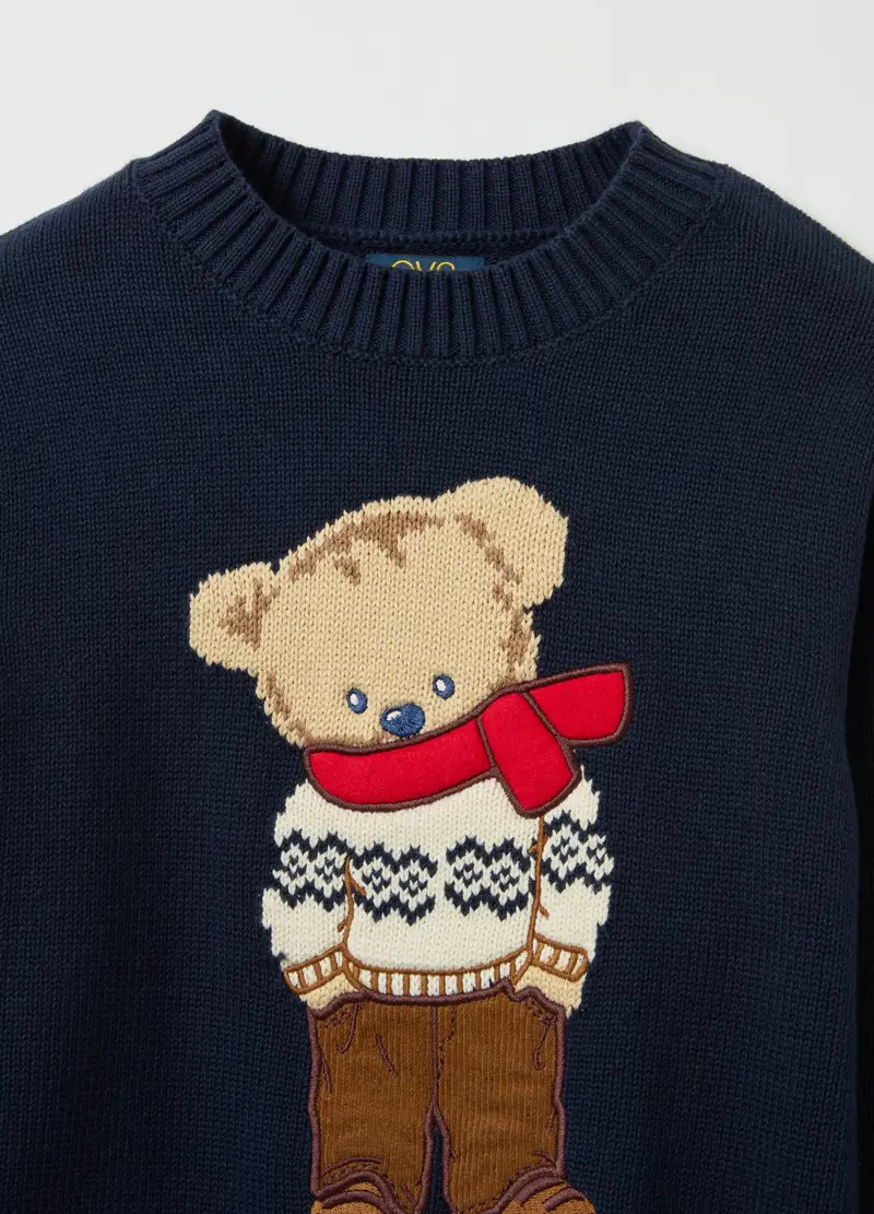 Pullover In Cotone Con Disegno Jacquard Orsetto, Bambino, Blu miniatura 3