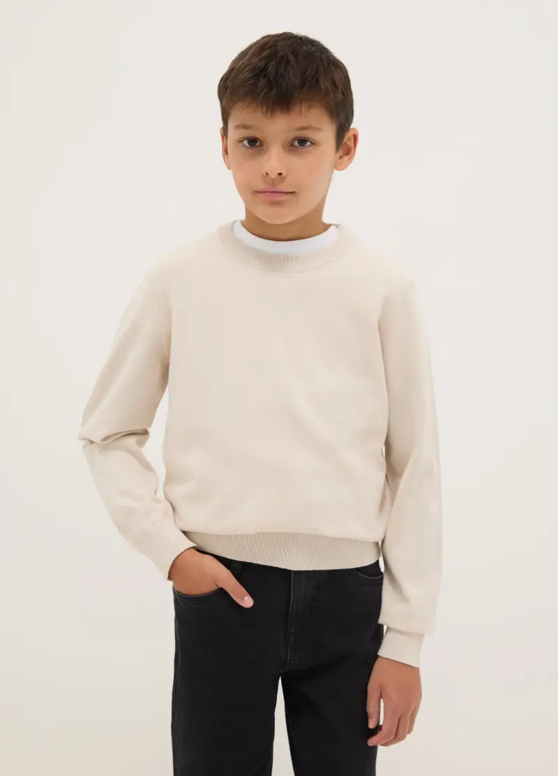 Pullover In Puro Cotone Beige Regular Fit Per Bambino, Beige