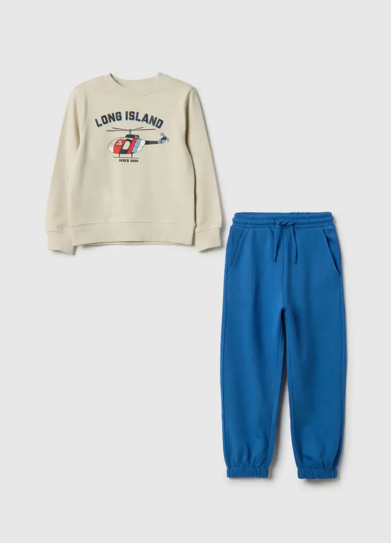 Set Felpa Pantalone In Puro Cotone Beige Da Bambino Regular Fit Con Stampa, Beige