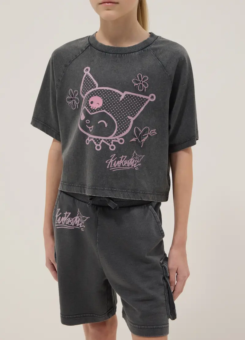 Set Maglia Shorts Relaxed In Puro Cotone Grigio Da Ragazza Con Kuromi, Bambina, Grigio miniatura 3