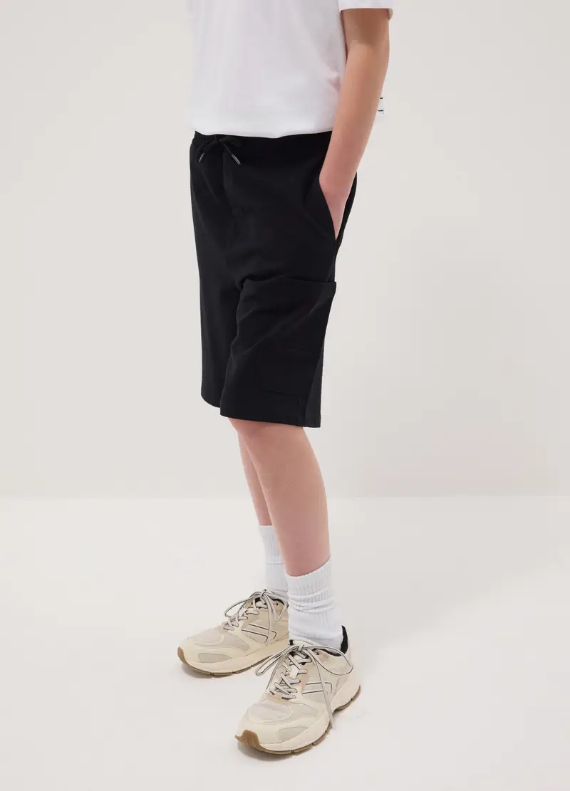 Shorts Cargo In Puro Cotone Nero Da Ragazzo Oversize Fit, Bambino, Nero miniatura 2