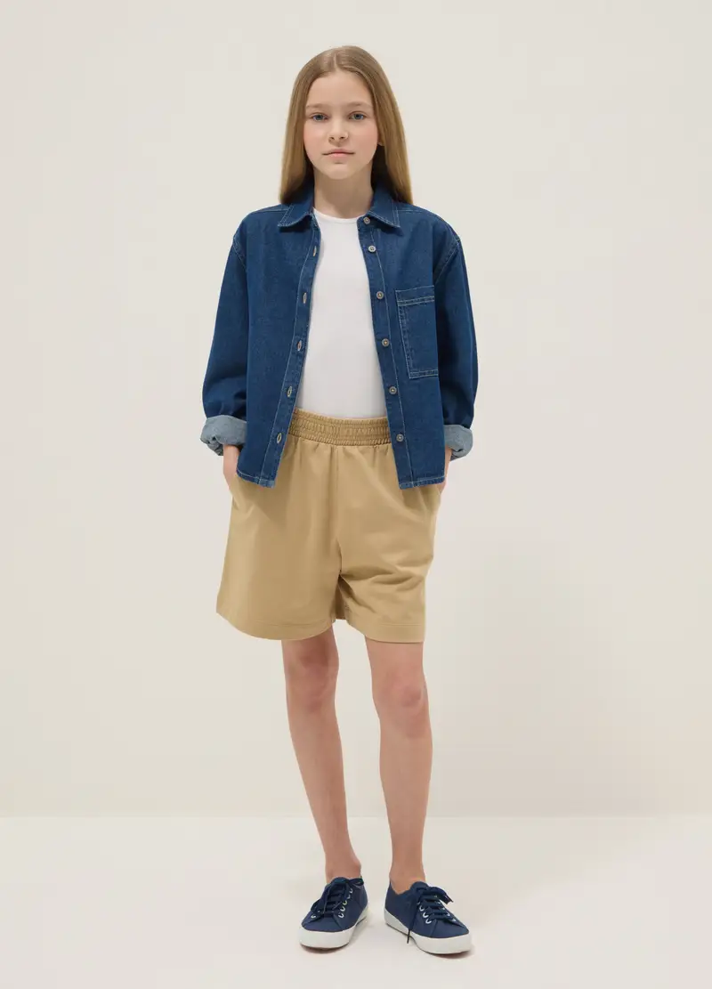 Shorts In Puro Cotone Beige Da Ragazza Oversize Fit, Bambina, Beige