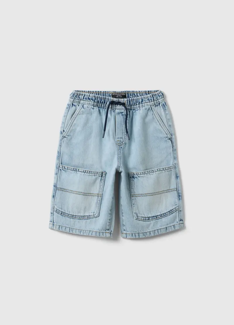 Shorts In Puro Cotone Denim Azzurro Da Bambino Wide Leg, Denim