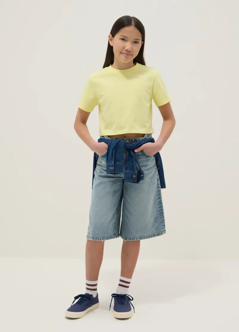 Shorts In Puro Cotone Denim Blu Da Ragazza Regular Fit, Bambina, Denim