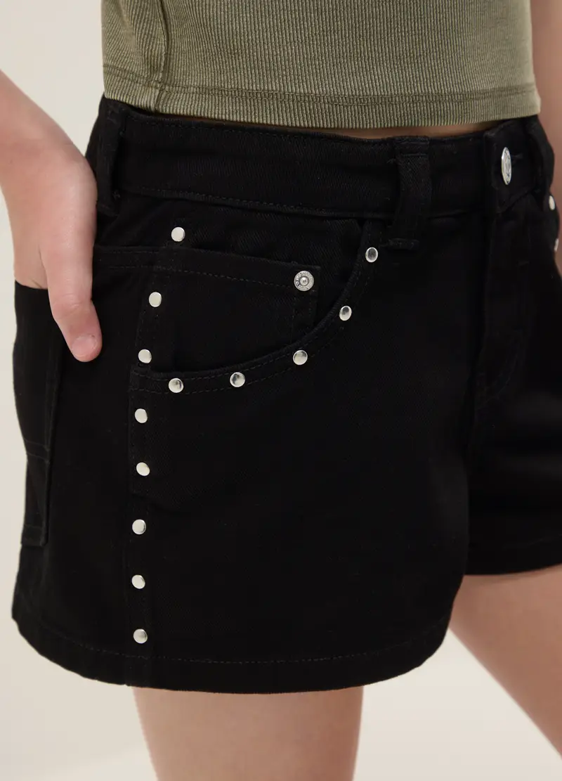 Shorts In Puro Cotone Nero Da Ragazza Con Dettagli Brillanti, Bambina, Nero miniatura 3