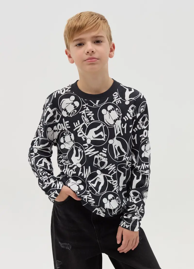 Ovs Kids Maglia a Maniche Lunghe Bambino Nero con Stampa All-over