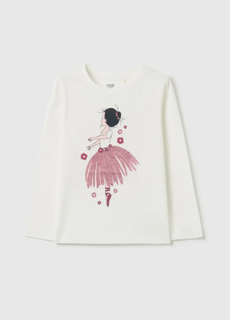 T-shirt A Maniche Lunghe Con Stampa Glitter, Bambina, Bianco