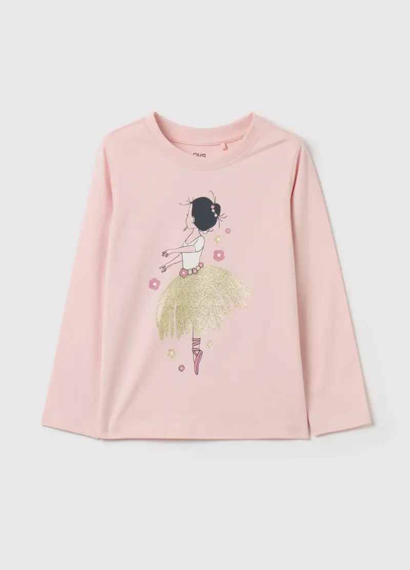 T-shirt A Maniche Lunghe Con Stampa Glitter, Bambina, Rosa