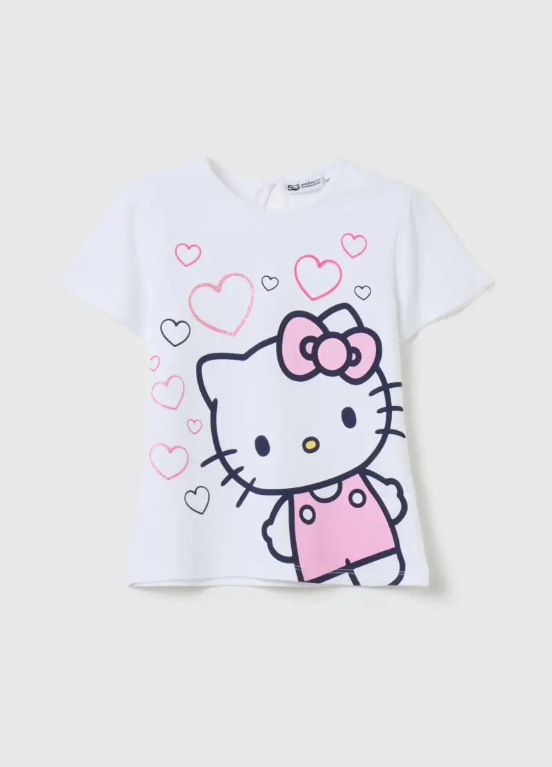 T-shirt Con Stampa Hello Kitty E Cuori Glitterati, Bambina, Bianco