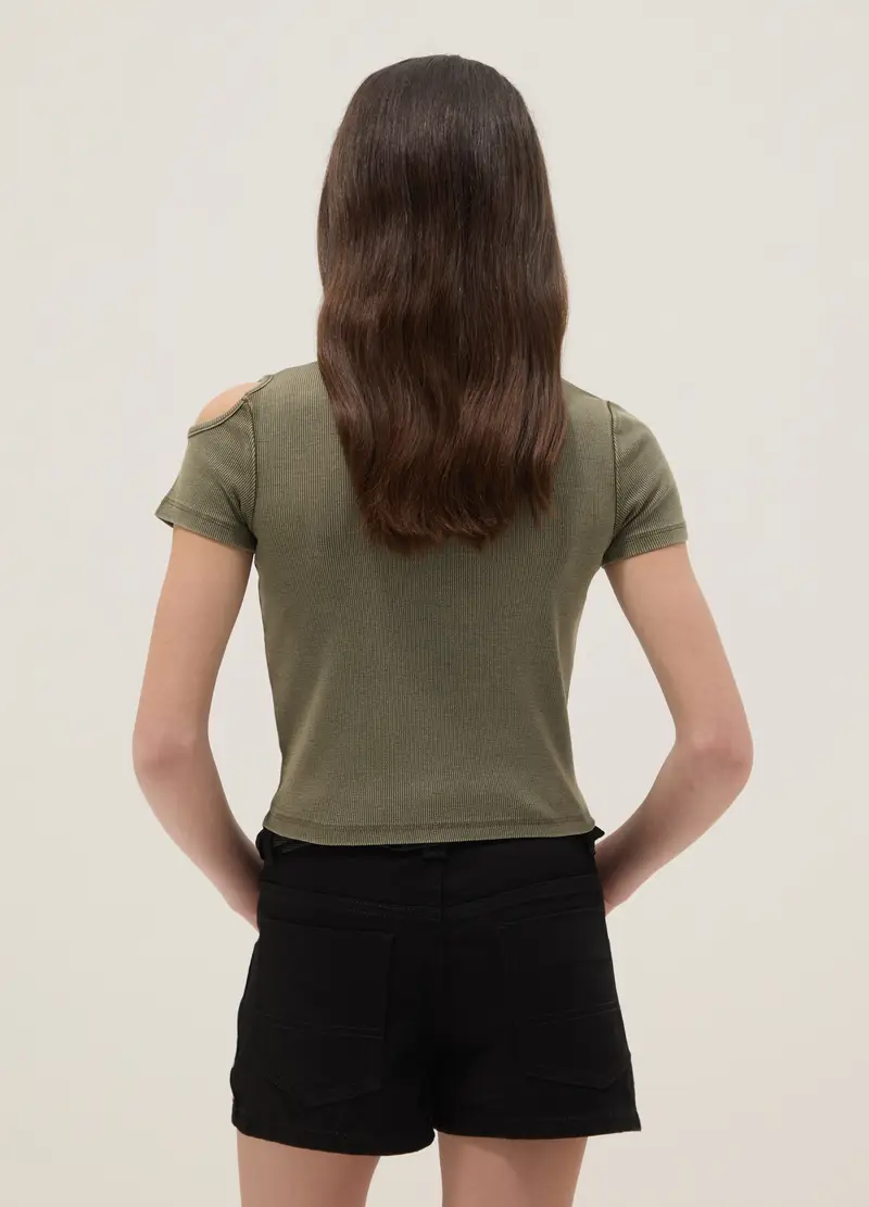 T-shirt Cut-out In Cotone Elasticizzato Verde Da Ragazza Slim Fit, Bambina, Verde miniatura 2
