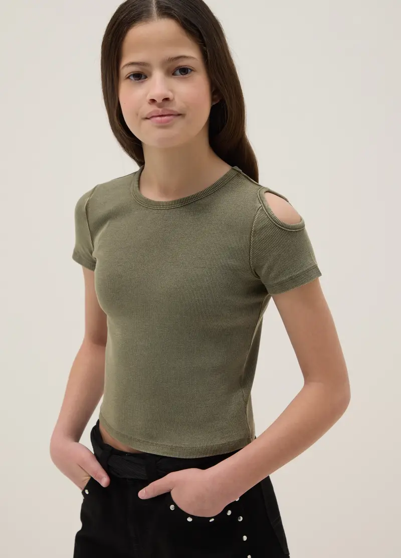 T-shirt Cut-out In Cotone Elasticizzato Verde Da Ragazza Slim Fit, Bambina, Verde miniatura 3
