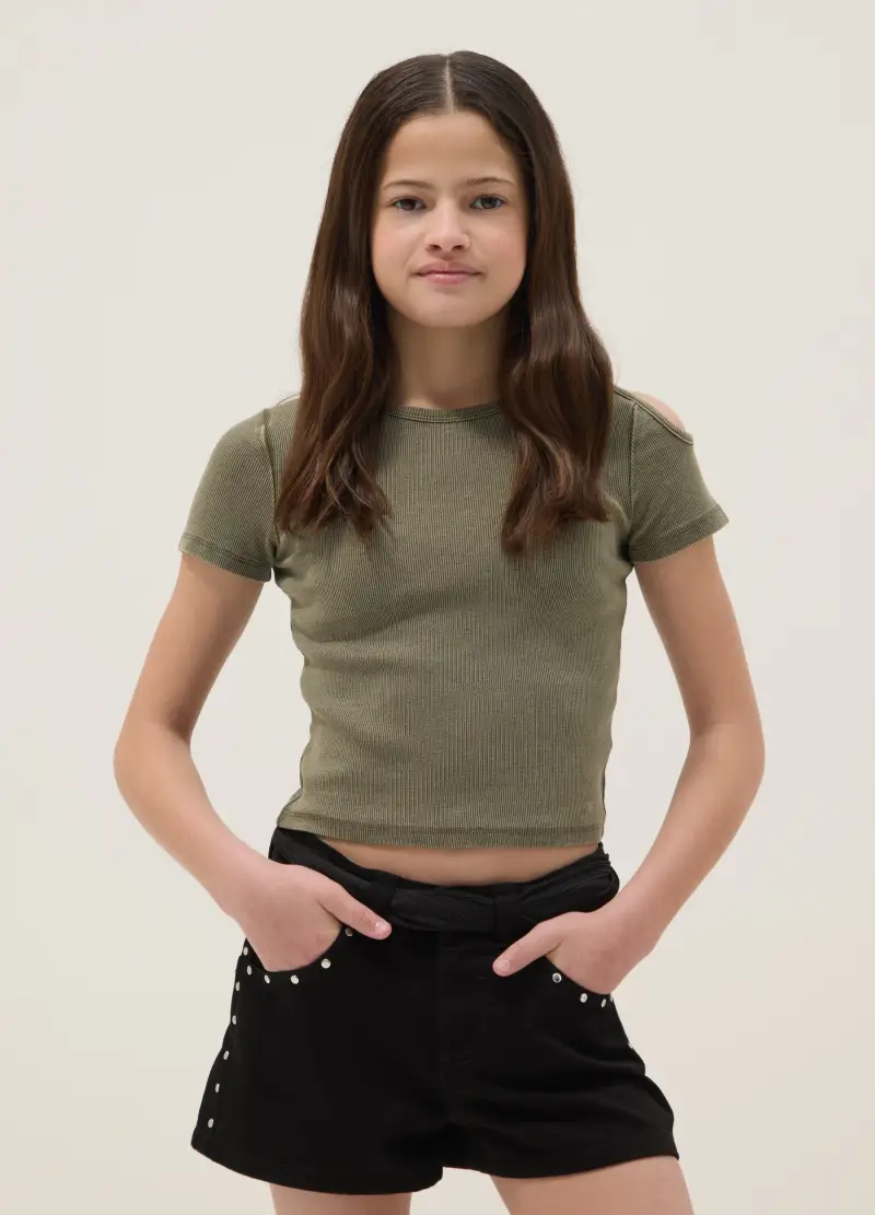 T-shirt Cut-out In Cotone Elasticizzato Verde Da Ragazza Slim Fit, Bambina, Verde