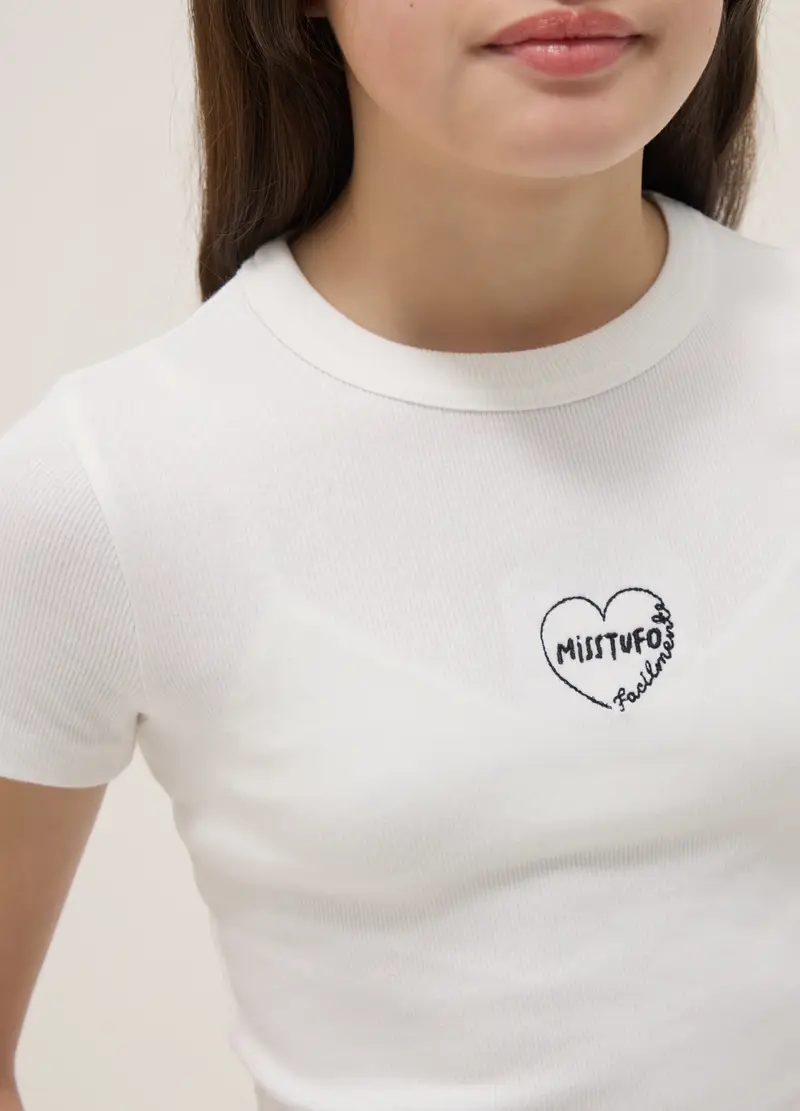 T-shirt Fitted In Cotone Elasticizzato Bianca Da Ragazza Con Frase, Bambina, Bianco miniatura 3
