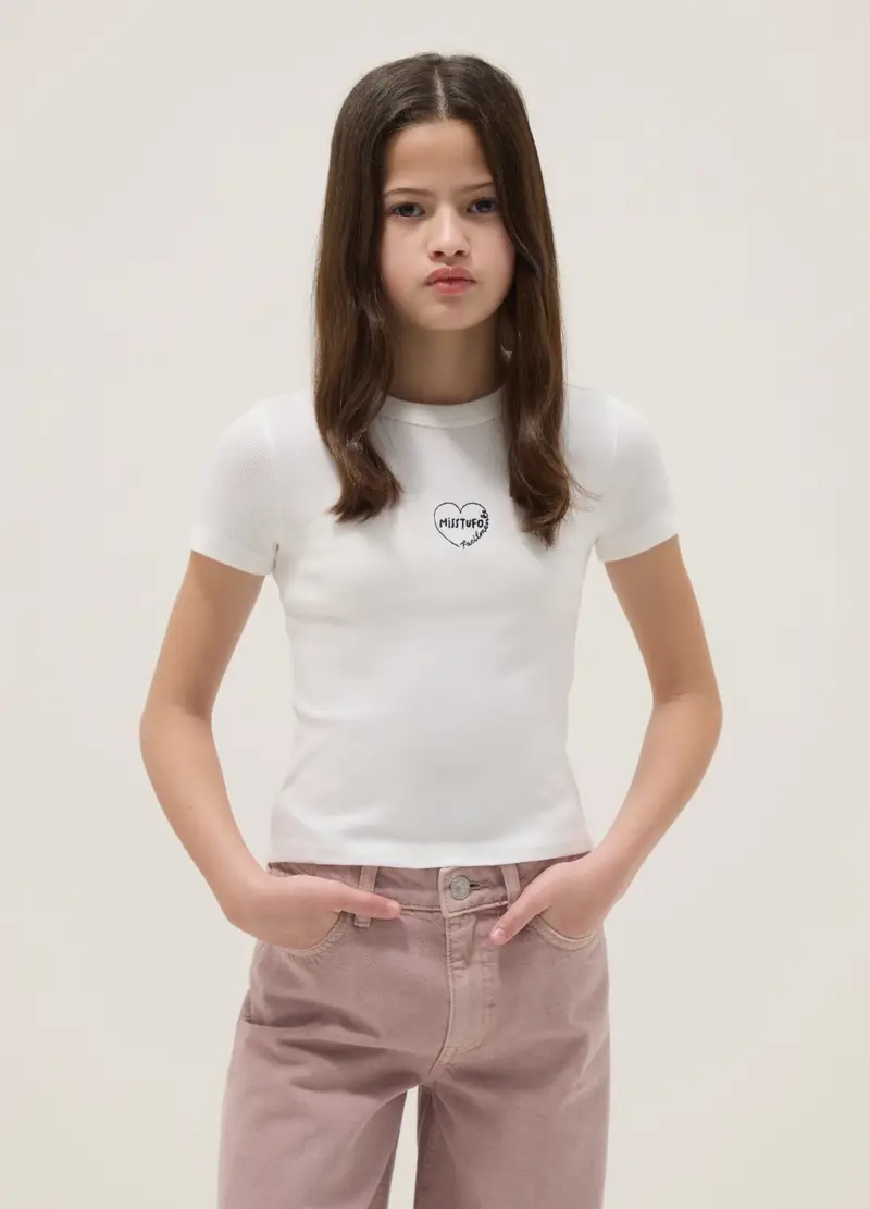 T-shirt Fitted In Cotone Elasticizzato Bianca Da Ragazza Con Frase, Bambina, Bianco