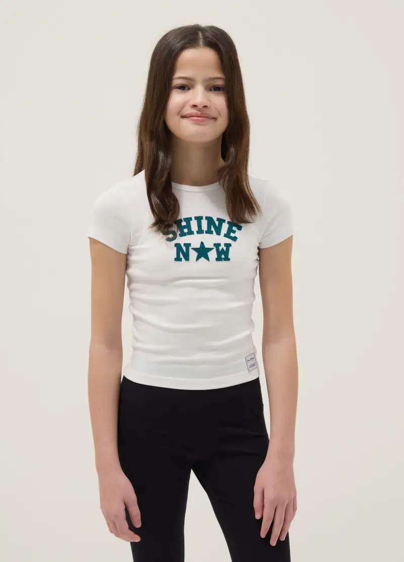 T-shirt Fitted In Cotone Elasticizzato Bianca Da Ragazza Con Scritta, Bambina, Bianco