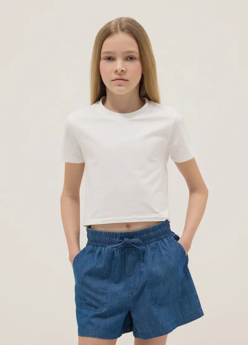 T-shirt Fitted In Cotone Elasticizzato Bianco Da Ragazza, Bambina, Bianco