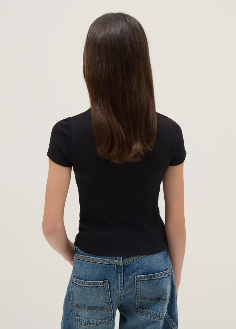 T-shirt Fitted In Cotone Elasticizzato Nera Per Ragazza, Bambina, Nero